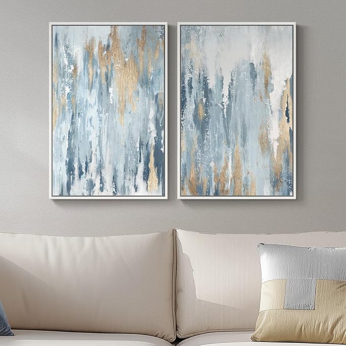 White Framed Blue and Gold Abstract Canvas Wall Art - Image 5