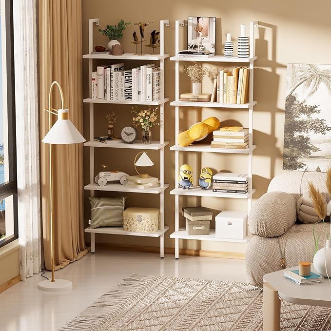 aboxoo Ladder Shelf White Wooden Bookshelf 5-Tier Wall-Mounted Open Wood Rack - Image 7