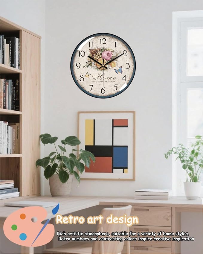 Decorative Wall Clock Battery Operated, 12-Inch Retro Vintage Floral Butterfly - Image 5
