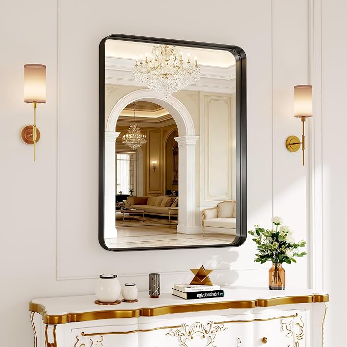 Bathroom Mirror for Wall, 30x22 Inch Rectangle Mirror, Matte Black Metal Framed - Image 9