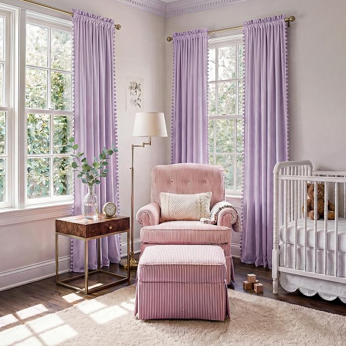 NICETOWN Lilac Purple Pom Pom Velvet Curtains 84 Inch Length - Image 2