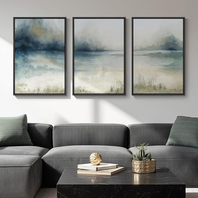 Large Framed Abstract Landscape Wall Art, 3 Piece Blue Watercolor Canvas Prints by Cuspin