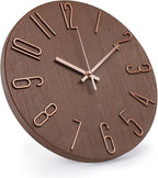 Wall Clock 12 Inch Silent Non-Ticking Imitation Wood Indoor Clock Round Brown - Image 2