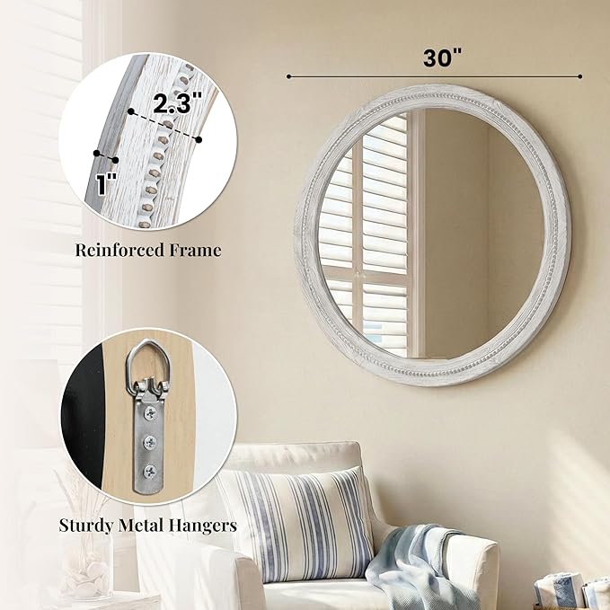 30" White Round Wood Mirror for Bathroom Vanity, Distressed Solid Wood Wall - Image 8