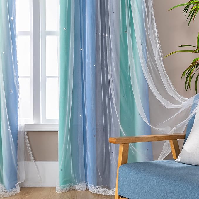 XiDi Curtains for Bedroom Decor, Rainbow BluGrenGrey-52-45 - Image 3