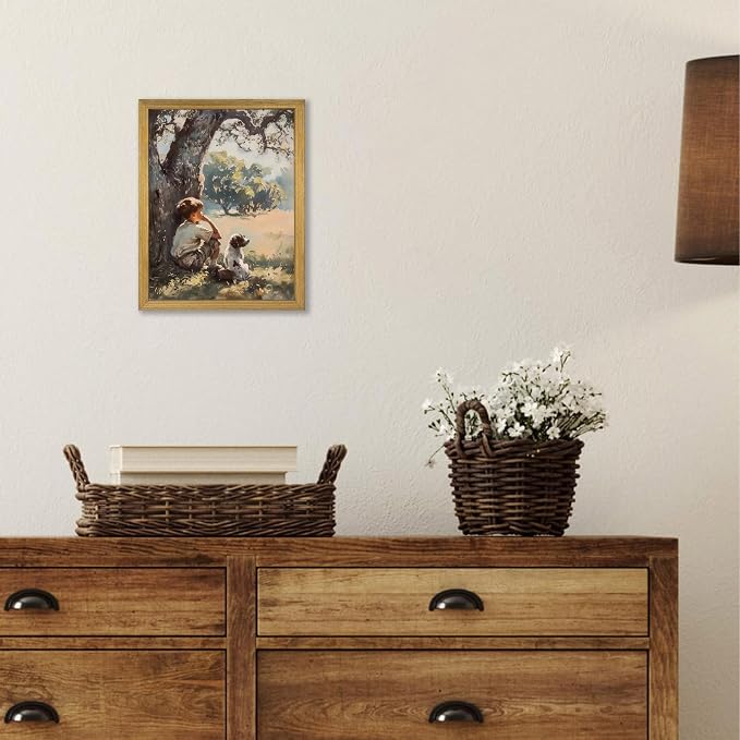 Wood Framed Canvas Wall Art, Vintage Boy and Dog Painting Poster, Countryside - Image 7