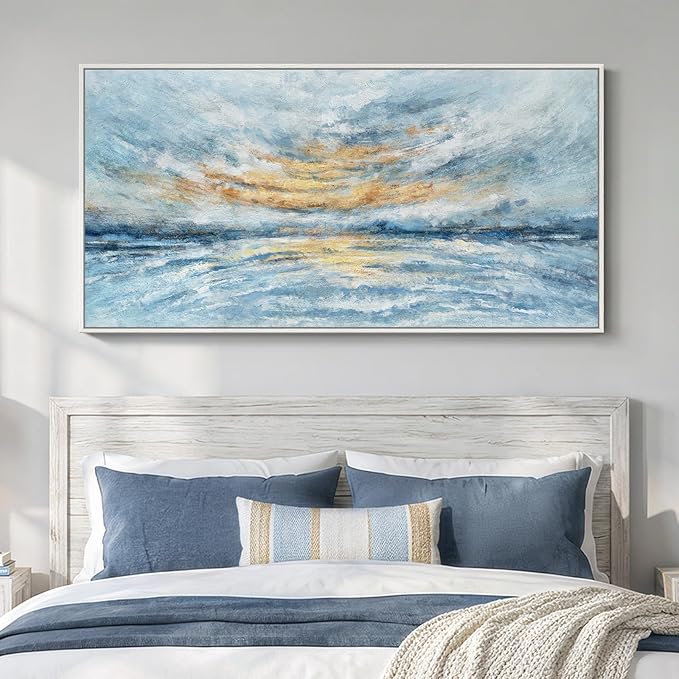 Extra Large Framed Blue Gold Abstract Wall Art - Image 4
