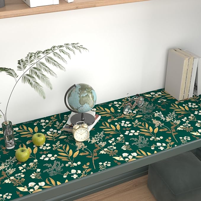 Dark Green Floral Wallpaper Peel and Stick Green Golden Leaf Wallpaper Vintage - Image 3