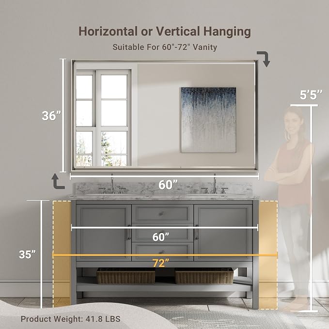 60 x 36 Brushed Nickel Bathroom Mirror, Beveled Framed Rectangle - Image 2