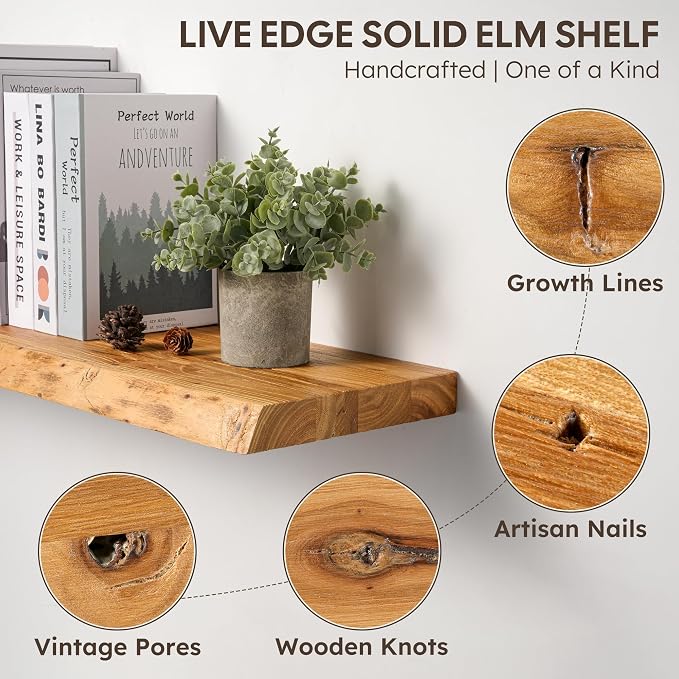 Floating Shelves Set of 2, Solid Elm Wood Wall Shelves 24 Inch - Image 7