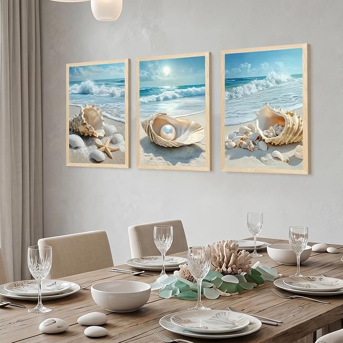 SYWENNOI 3 Piece Wood Framed Beach Wall Art, Sandy Shore, Pearl in Shell - Image 5