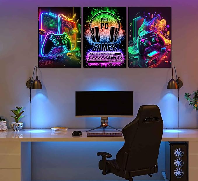 3Pcs Cool Gaming Wall Art Retro Video Gamer watercolor Posters Pictures - Image 3