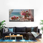 Vintage Pink Flower Wall Art Retro Flowers in Golden Vase Pictures Blue Ocean - Image 5