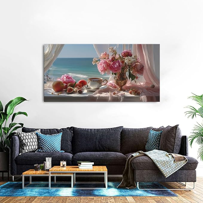 Vintage Pink Flower Wall Art Retro Flowers in Golden Vase Pictures Blue Ocean - Image 5