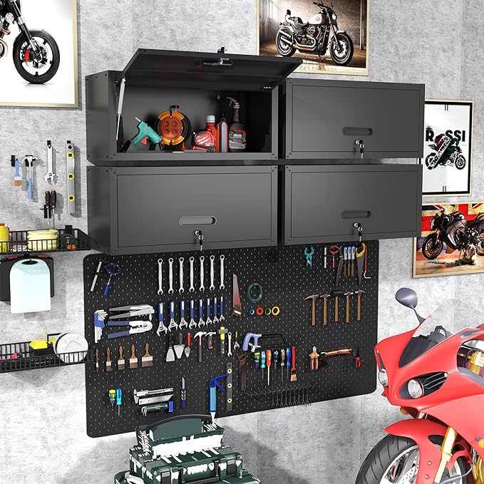 Garage Wall Cabinet with Flip-Up Door, Lockable Metal Storage Cabinet Wall - Image 2