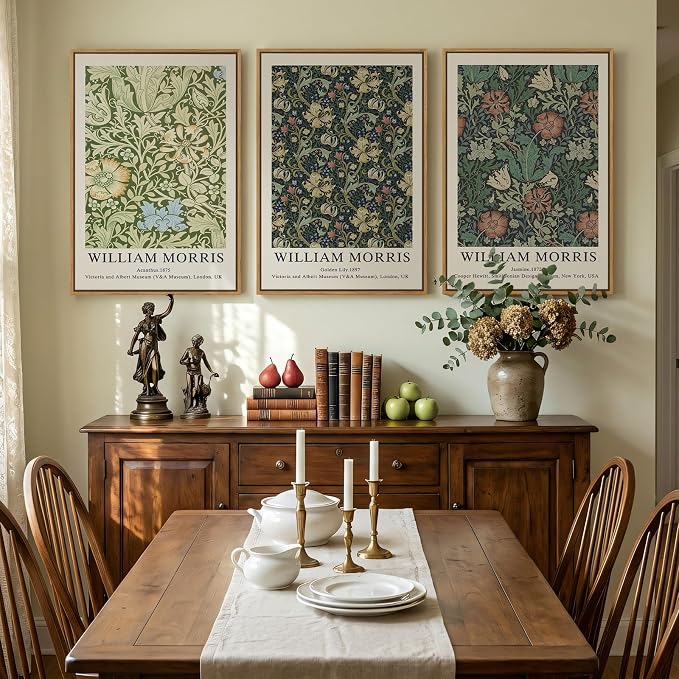 Large Framed William Morris Green Wall Art Set of 3, Vintage Floral Canvas - Image 4