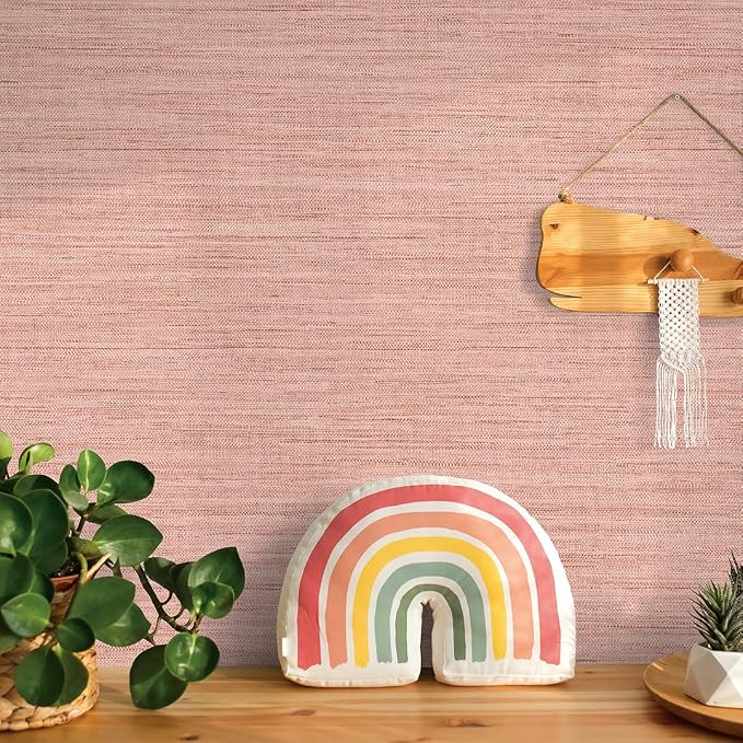Tempaper Textured Salmon Pink Horizontal Faux Grasscloth Removable Peel and - Image 8