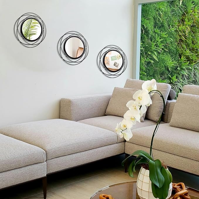 3 Set 13 Inch Black Circle Mirrors Wall Decor Iron Frame Wire Mirror Metal - Image 2