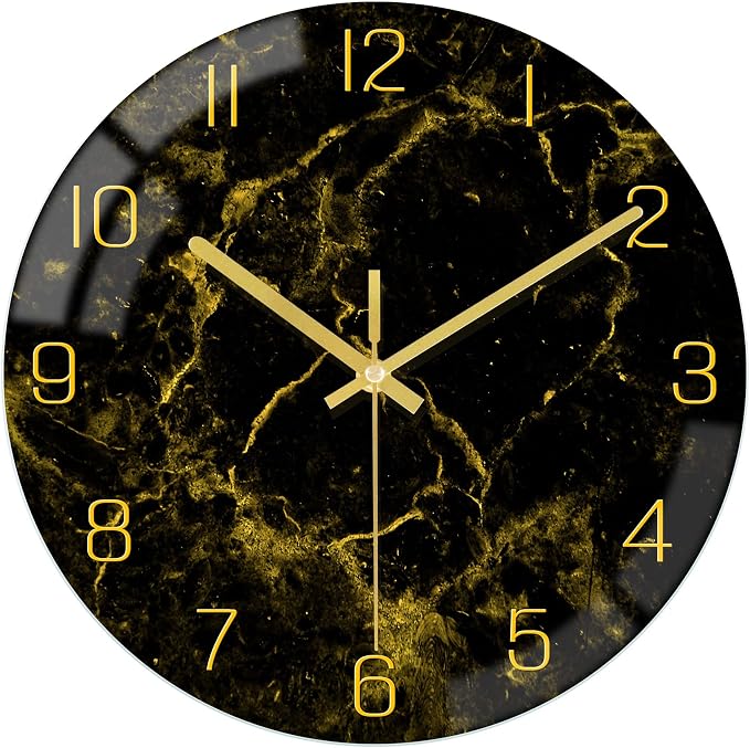 VIKMARI Black Modern Marble Texture Clock Gold Hands Rustic Kitchen Decor 12 by VIKMARIWallClock