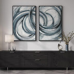 Framed Blue Gray Abstract Wall Art Set of 2, Modern Circle Line Canvas Artwork - Image 4