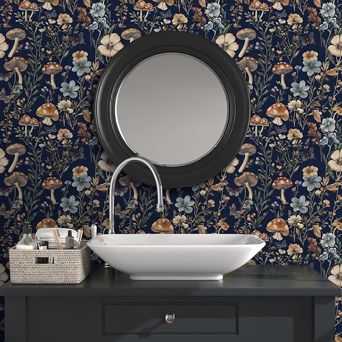 Froluya Mushroom Peel and Stick Wallpaper Dark Floral Contact Paper 16.9" x - Image 2