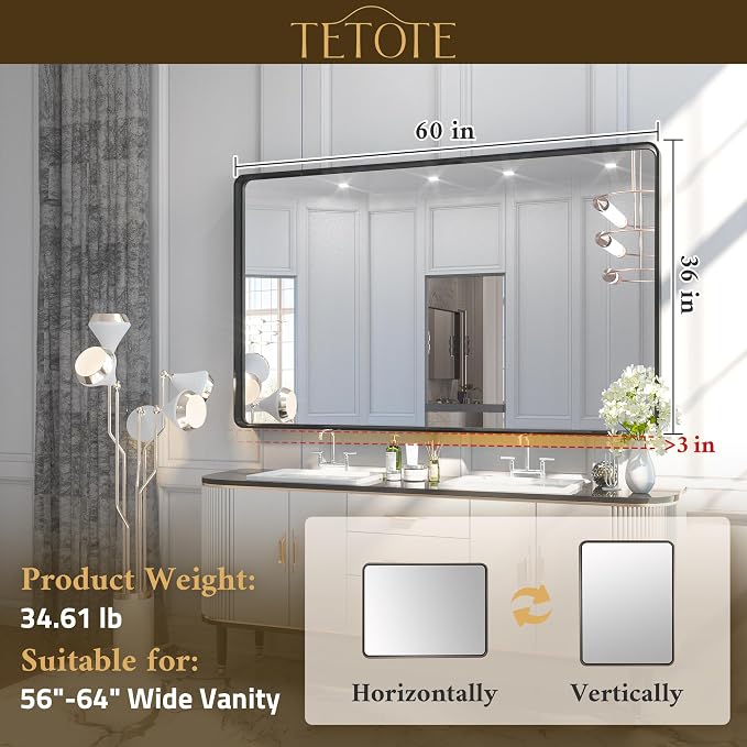 TETOTE White Framed Mirror for Bathroom 60 x 36 Metal Frame Wall Mounted - Image 6