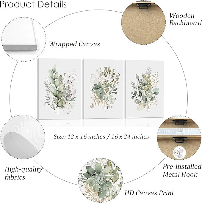 WRFON UnFramed Sage Green Botanical Wall Art Set of 3, Watercolor Eucalyptus & - Image 6