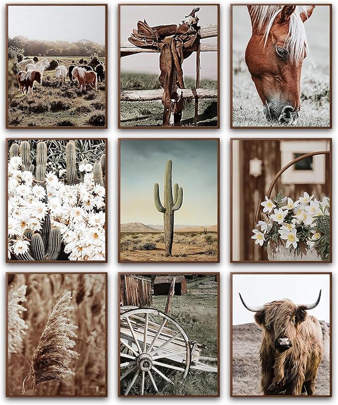 tgguytiy 9 Pcs Western Vintage Farmhouse Poster Canvas Wall Art Highland cattle by Unknown