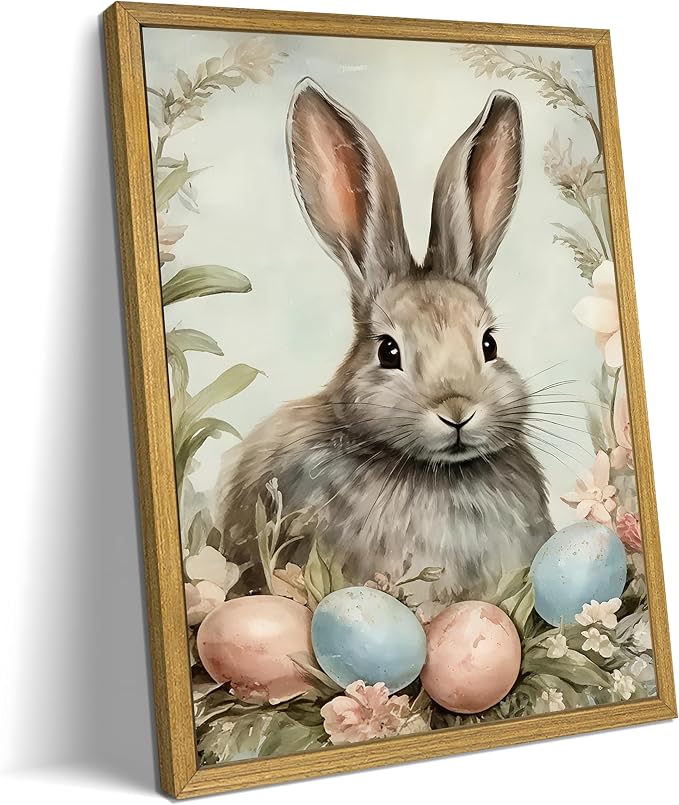 Easter Bunny Wall Art, Vintage Rabbit Canvas Wall Decor, Easter Eggs Poster by Unknown