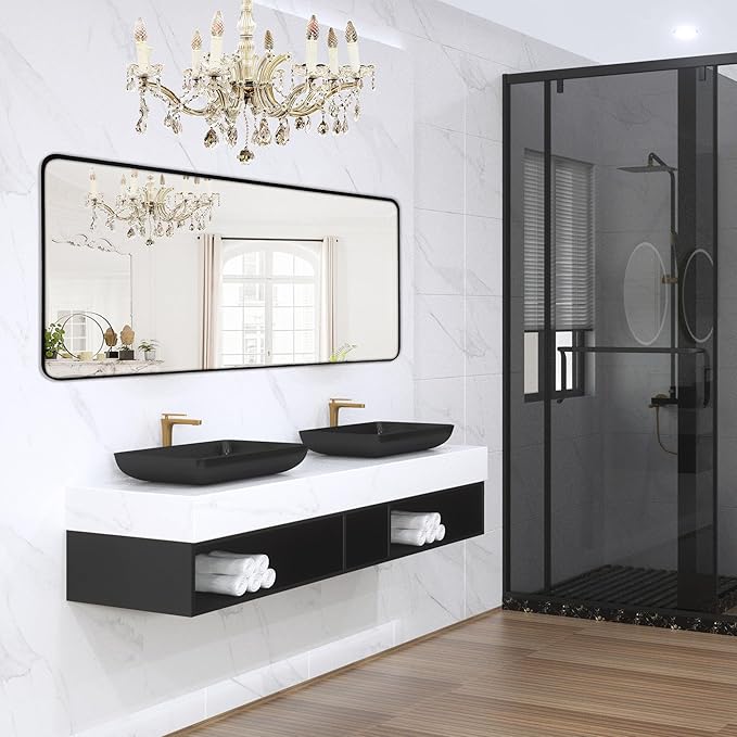 Wall Mount Mirror for Bathroom, Brushed Black Metal Framed Large Rounded Corner by Minuover