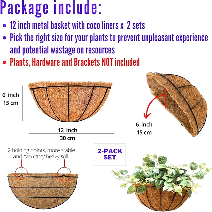 LaLaGreen Wall Hanging Planters, 2 Pack, 12 Inch Wall Mounted Flower Baskets - Image 2