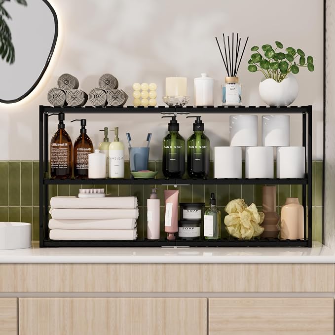 Extra Long Bathroom Organizer Storage Shelves 100% Bamboo Adjustable Height - Image 4