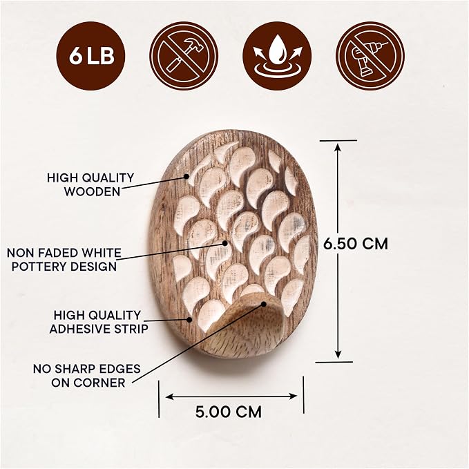 Indian Shelf 6 Lb- 3 Pieces Decorative Wood Adhesive Wall Hooks–Boho Peel and - Image 5