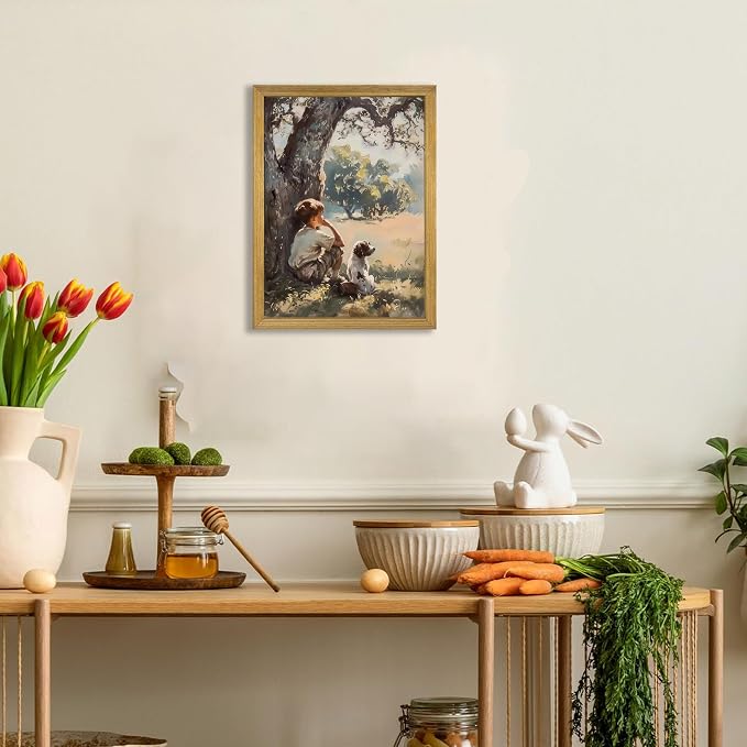 Wood Framed Canvas Wall Art, Vintage Boy and Dog Painting Poster, Countryside - Image 5