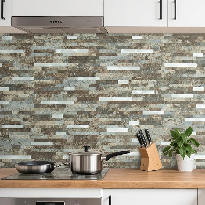 AULIGET 2 Sheets Beige & Brown Slate Peel and Stick Backsplash, PVC Mixed Metal - Image 2