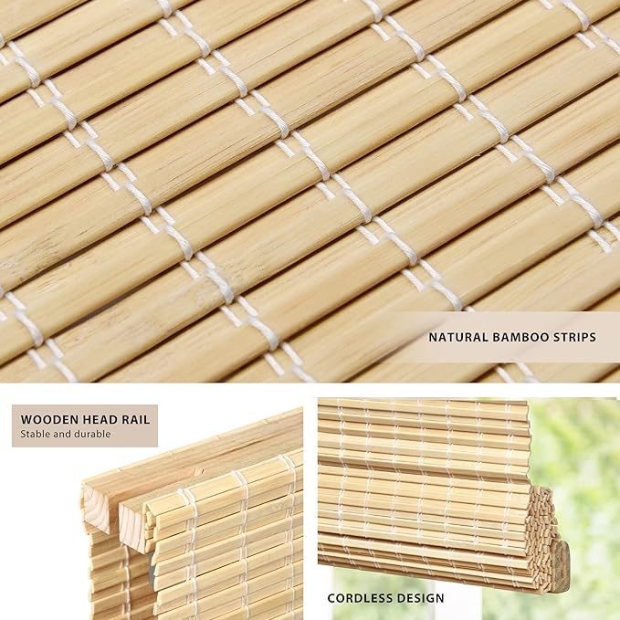 LazBlinds No Tools No Drill Cordless Bamboo Roman Shades, Custom Privacy Light - Image 2