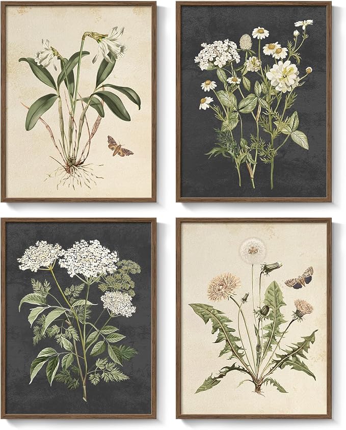 Framed Vintage Botanical Wall Art Bedroom, 4 Piece Rustic Farmhouse Floral - Image 9