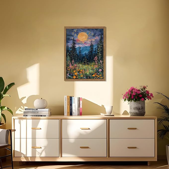 Framed Nature Forest Canvas Wall Art, Full Moon above Wildflowers and Woodland - Image 2