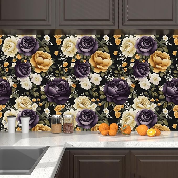 Floral Black Vintage Wallpaper Peel and Stick Dark Purple Beige Peony Contact - Image 4