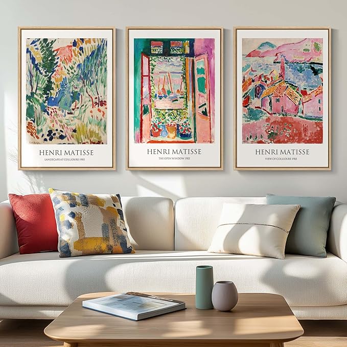 Framed Vintage Matisse Wall Art, Large Set of 3 Piece Colorful Canvas Artwork by Cuspin