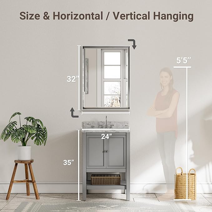 Silver Bathroom Mirror, 24x32 Inch Beveled Silver Vanity Mirror - Image 2