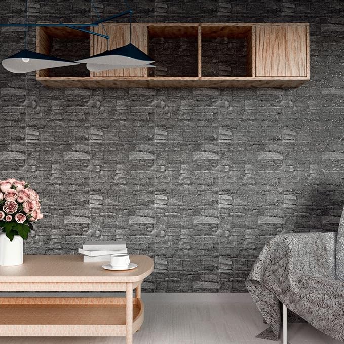 3D Wall Panels Peel and Stick in Black Grey Stone, Textured Faux Brick Wall - Image 9