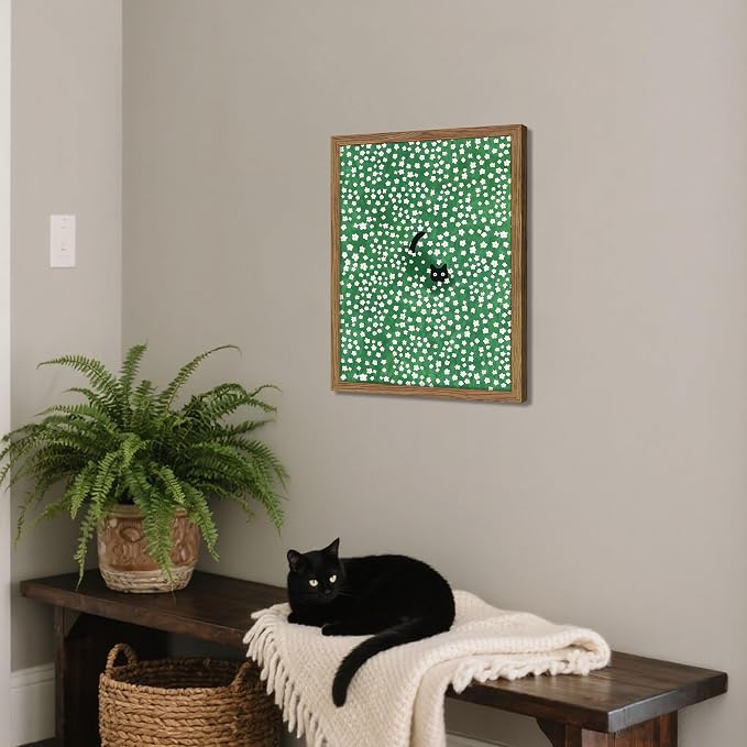 Framed Floral Black Cat Canvas Wall Art, Cute Black Cat in Daisy Field Painting - Image 2