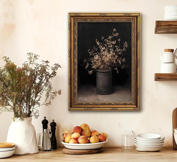 Vintage Gold Framed Wall Art Fall Dried Flowers Antique Vase Country Oil - Image 8