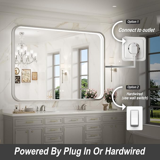 LED Bathroom Mirror with Lights, 48x36 Inch Brushed Silver Framed Lighted - Image 5