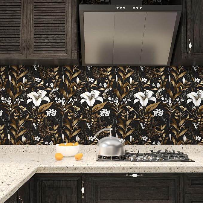 Laatse Black Gold Wallpaper Peel and Stick, Dark White Floral Vintage Contact - Image 4