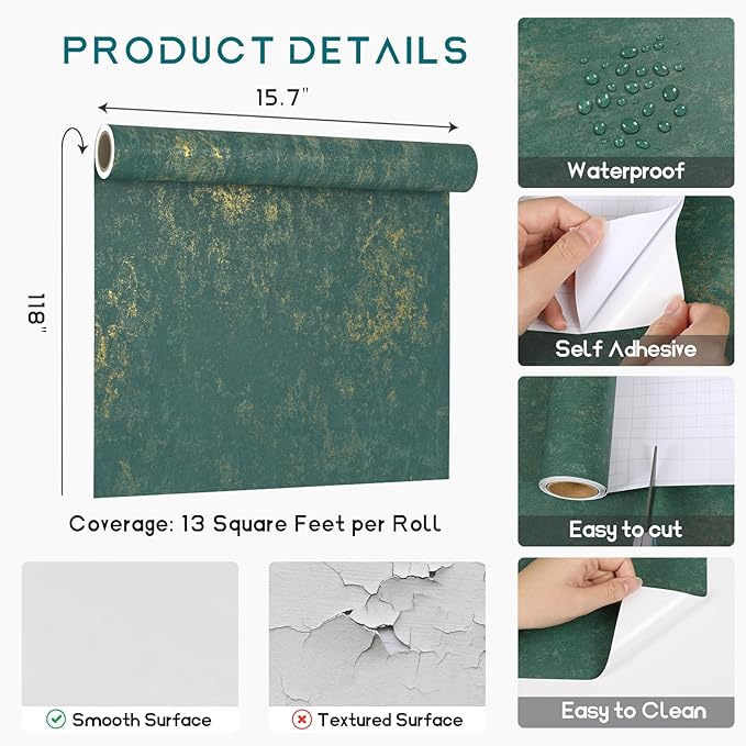 VEELIKE Distressed Teal Gold Metallic Wallpaper Peel and Stick Plaster Concrete - Image 9