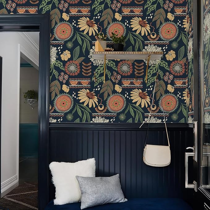 Simon&Siff Boho Peel and Stick Wallpaper, 17.3" x 1200" Blue Sun Floral Retro - Image 6