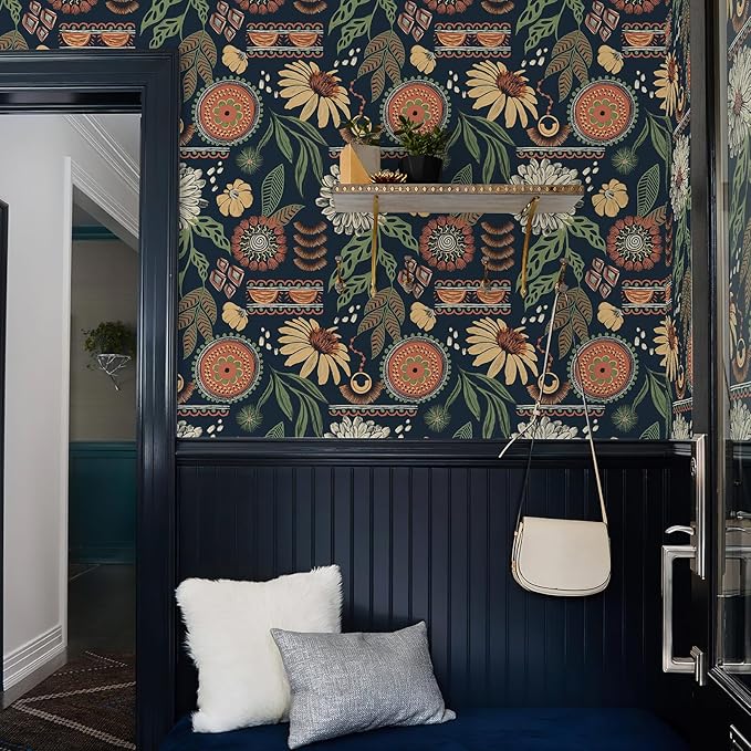 Simon&Siff Boho Peel and Stick Wallpaper, 17.3" x 800" Blue Sun Floral Retro - Image 6