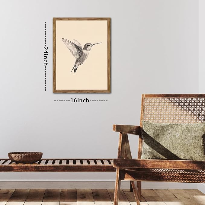 Vintage Framed Wall Art, Birds Canvas Prints, Hummingbird Sketch Painting - Image 3